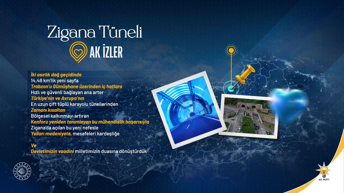 Zigana Tüneli, iki asırlık dağ geçidinde zamanı kısalttığımız ve Türkiye’nin ulaşım vizyonunda #AKİzler bıraktığımız gurur kaynağı eserlerimizden sadece bir tanesi.