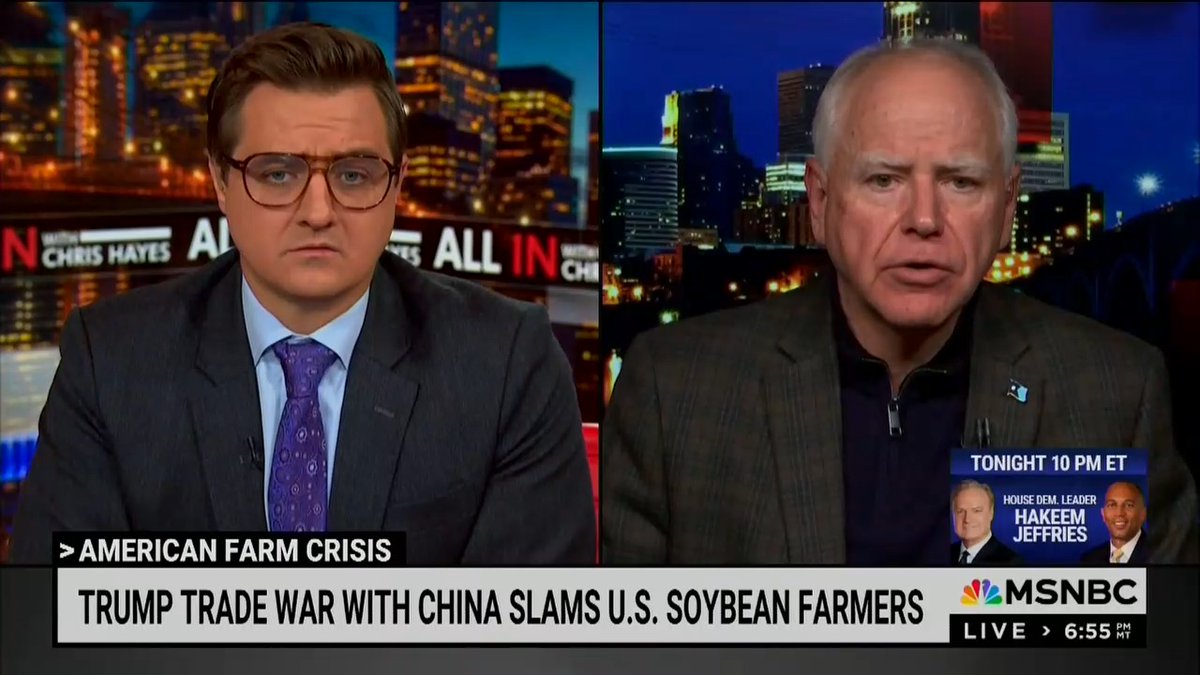 Gov. Walz: We're in the middle of harvest out here right now, but the bins are full. Now these farmers are going to have to pay somebody to store these. They're losing $100 an acre on their crop right now, and that's assuming next year you get the markets back. Why would the Chinese come back to us again when they can buy them cheaper from Argentina and Brazil?