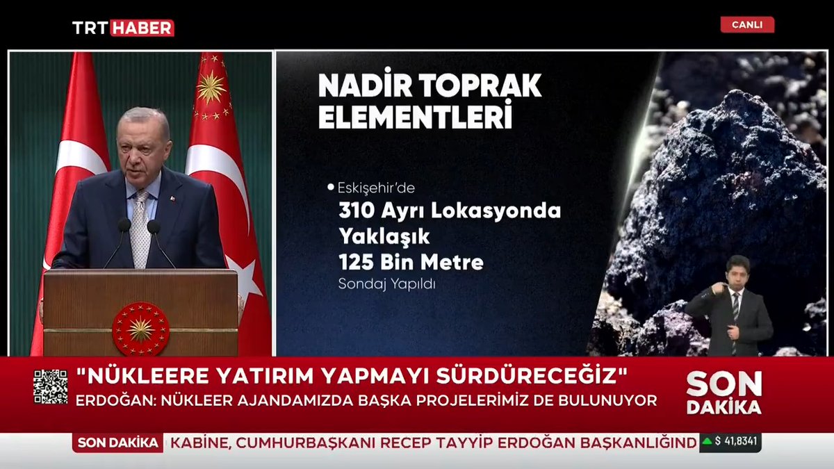 "Eskişehir Beylikova'da 694 milyon ton nadir toprak elementi tespit edildi" Cumhurbaşkanı Erdoğan: Bu saha dünyanın ikinci büyük nadir toprak sahasıdır. 17 nadir toprak elementinin 10'unun bulunduğu Beylikova sahasında yaklaşık 12,5 milyon ton nadir toprak oksitleri yer alıyor.