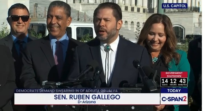 Sen. Gallego: Speaker Johnson is protecting pedophiles. The only reason Adelita Grijalva is not being sworn in right now is because he wants to protect whoever is in those files, whether it's involving Donald Trump or any of his rich elite friends. Speaker Johnson is covering up for pedophiles and in the process, Arizona does not have a congresswoman.