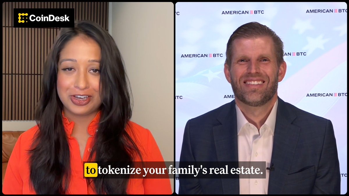 🎥 SPOTLIGHT: WLFI co-founder Eric Trump confirms he plans on tokenizing his family's real estate in a CoinDesk exclusive. Check out the full interview on 10/21. Thank you Midnight 👋 for being a sponsor of CoinDesk media network.