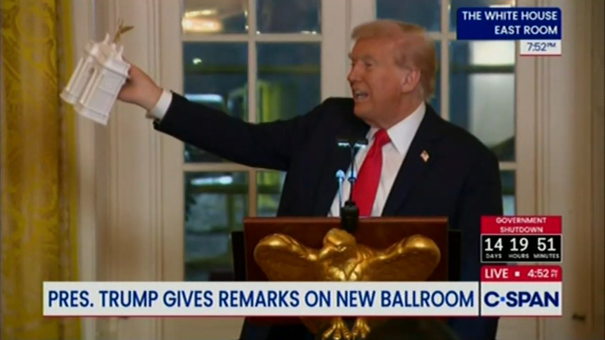 Trump shows off his models to his wealthy donors: "So that's Lady Liberty. Lady, did you ever hear of Lady Liberty? But, uh, so the sizes would be very different than this lady. They did this and they did that. So this would be... small, medium, and large."