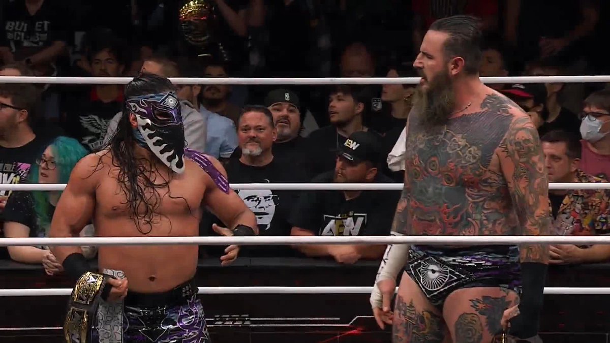 Collision ends with El Clon interrupting Brodido... so Okada could attack both and give Bandido the Rainmaker! OKADA GRABS BOTH THE AEW TAG BELTS, IN ABSENCE OF TAKESHITA.