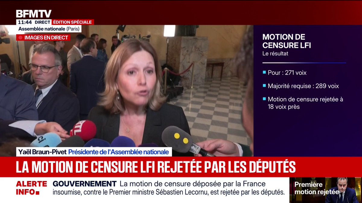 Motion de censure de LFI rejetée: “C'est important pour tous nos compatriotes que nous ayons une stabilité gouvernementale qui puisse s'installer”, assure Yaël Braun-Pivet, présidente de l’Assemblée nationale