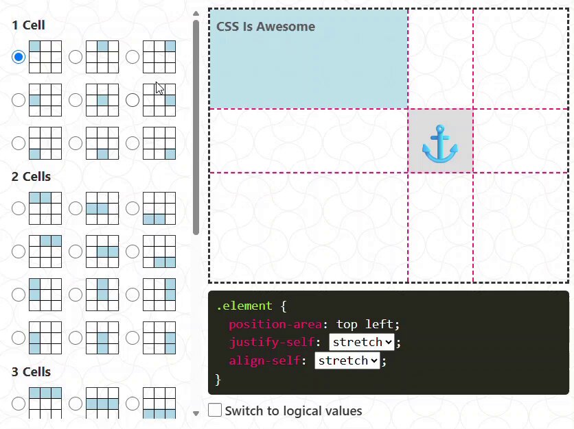 💡 CSS Tip! In Anchor Positioning, you can use position-area to place an element relatively to its anchor, but there are 36 different positions !? 👀 No one can memorize them all, so I've created an interactive demo from where you can get the code.