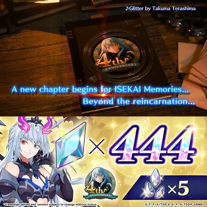 Follow and repost to be one of four winners to get 444 Magicrystals! Plus, quote repost what in the video excited you most to be one of four winners to get 5 5★EX Memory Stone Shard! Deadline: 10/23 *US residents only. #SlimeIM_4thAnniv