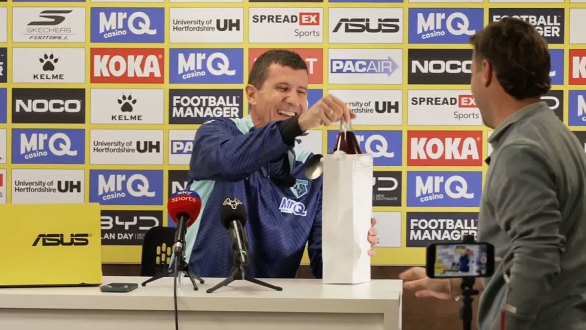 Javi Gracia, he drinks Sangria 🎵 Javi Gracia was presented with a bottle of sangria at his first news conference, in a reference to a chant the Watford fans sang about him in his first spell 🍾