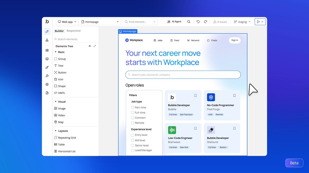 Introducing the first agent for visual development. The Bubble AI Agent is here (in beta) — your in-editor partner that explains, troubleshoots, and builds with you. Now available on AI-generated apps. Read more: