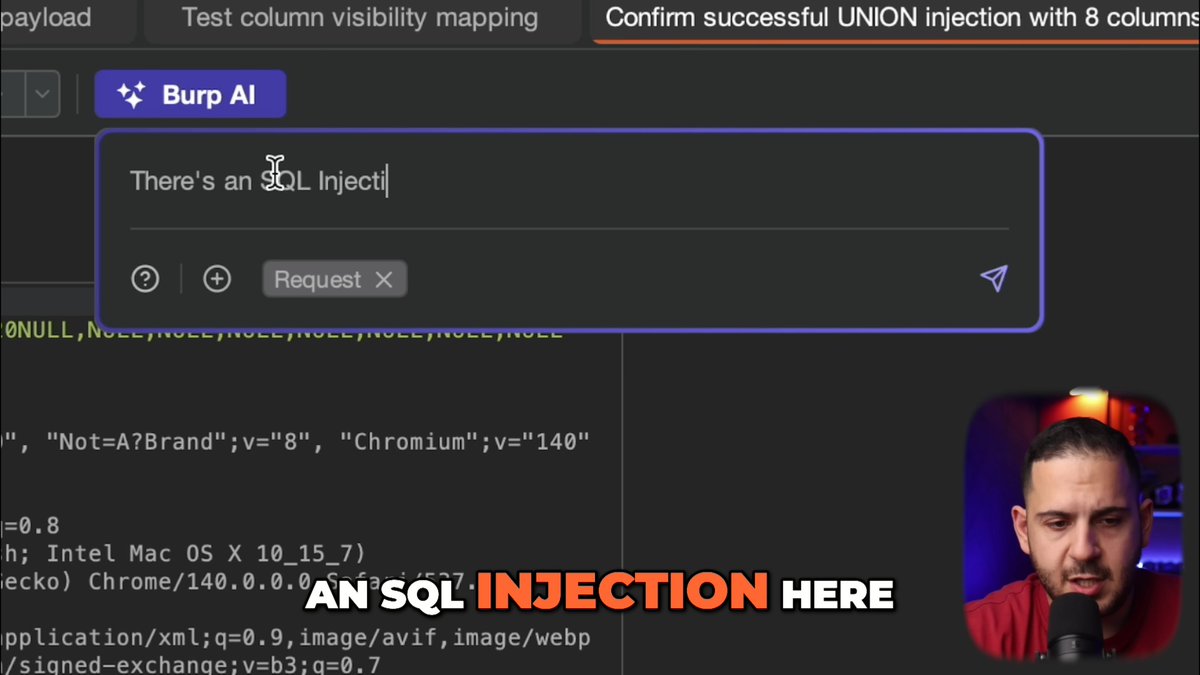 SQLi just got much easier with Burp AI! 🤯 Watch Ben Sadeghipour demonstrate 👀 Burp AI doesn't just find the SQL injection, it automates the entire process: 👉 Determines column count. 👉 Extracts database and table names. 👉 Launches the full exploit to dump data! 💥 Stop worrying about manual steps and let AI handle the full attack chain 👇
