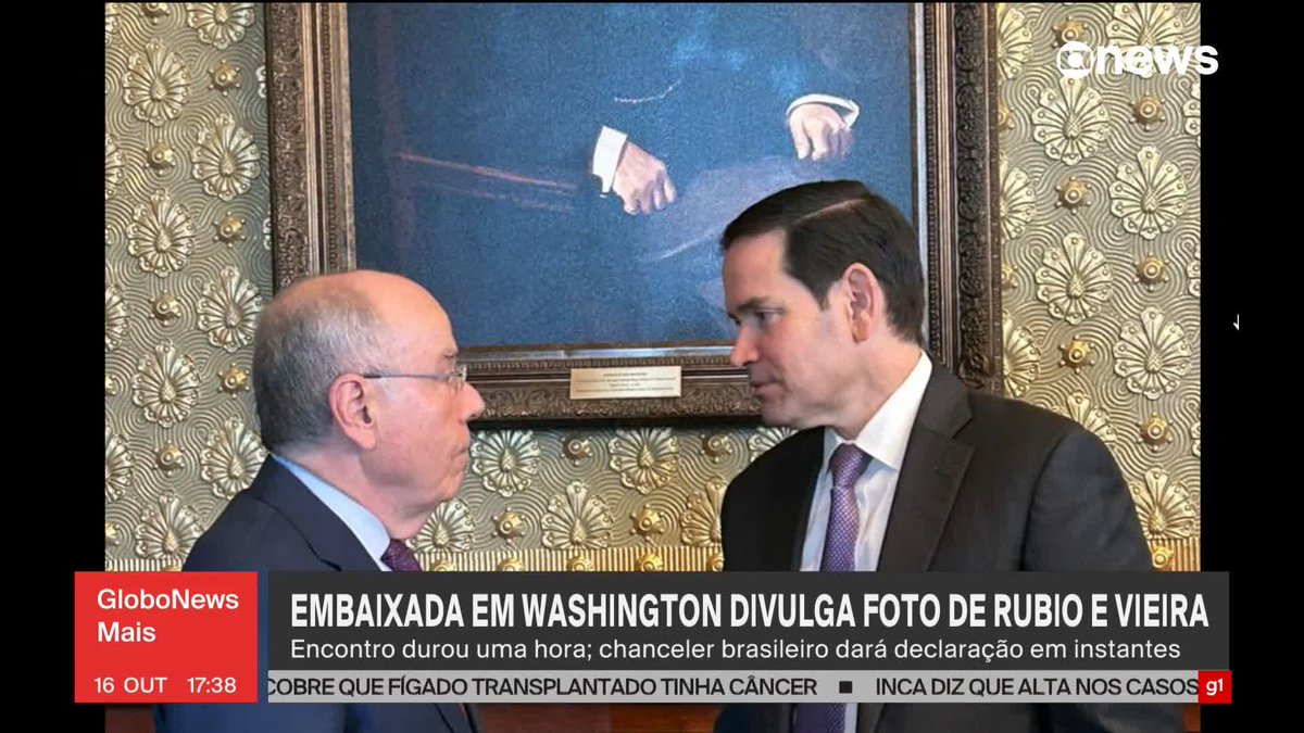 A Embaixada do Brasil em Washington divulgou uma foto do chefe da diplomacia dos EUA, Marco Rubio, e do chanceler brasileiro, Mauro Vieira. A reunião na Casa Branca durou cerca de uma hora, e outros assessores estiveram juntos na maior parte do tempo. Durante 15 minutos, Vieira e Rubio estiveram a sós. ➡ Assista ao #GloboNewsMais: #GloboNews