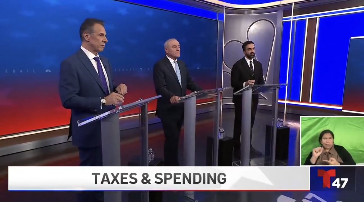 Zohran Mamdani: "Andrew Cuomo thinks it's all right to spend $60 million to fund his legal defense from accusations of more than a dozen women of sexual harassment..." Andrew Cuomo: "I've been dropped from the cases." Moderator: "Not all of them." Cuomo: "Yeah."