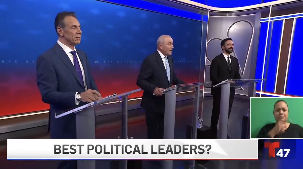Moderator: "Who's the best modern-day U.S. president?" Andrew Cuomo: "Bill Clinton." Zohran Mamdani: "FDR." Curtis Sliwa: "[Former NY Gov.] George Pataki."