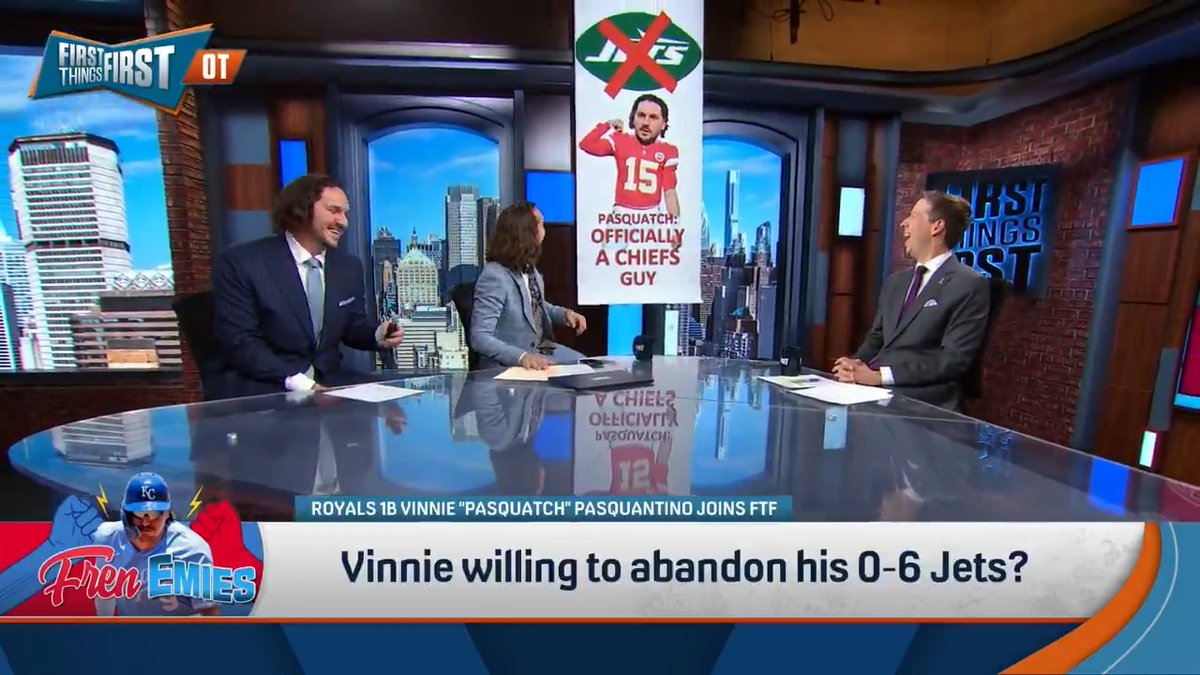 .Vinnie Pasquantino is officially Kansas City royalty, so nick wright tried to convince him to join Chiefs Kingdom…. And he said yes! To celebrate, Nick gave Pasquatch the honor of dropping a banner: