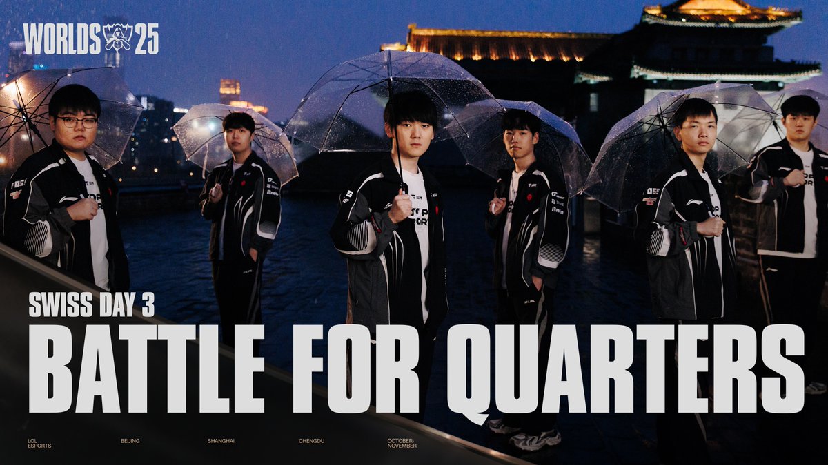 QUARTERFINALS ON THE LINE: The undefeated #Worlds2025 teams go head-to-head in the first Bo3 matches of the Swiss Stage: Who will secure Quarters and who will have to keep battling for a path to Shanghai?
