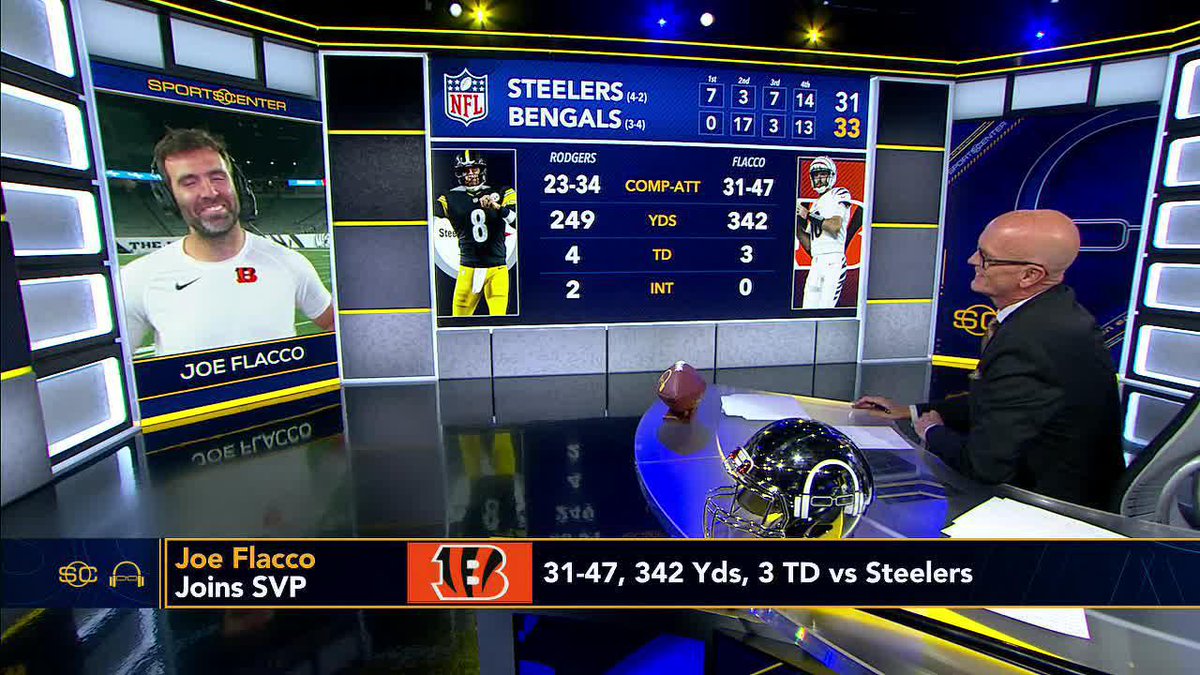 "I told Aaron after the game, I don't think I've ever beat him." Joe Flacco reflects on the TNF thriller win against the Steelers 😂 Scott Van Pelt