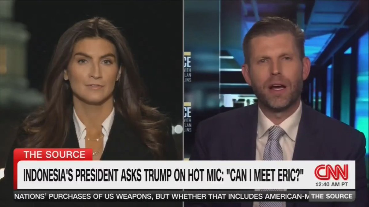 Q: Have you heard from the president? Has he called you? Eric Trump: No, but I'm glad he acknowledges that I'm a good boy. I am a good boy.