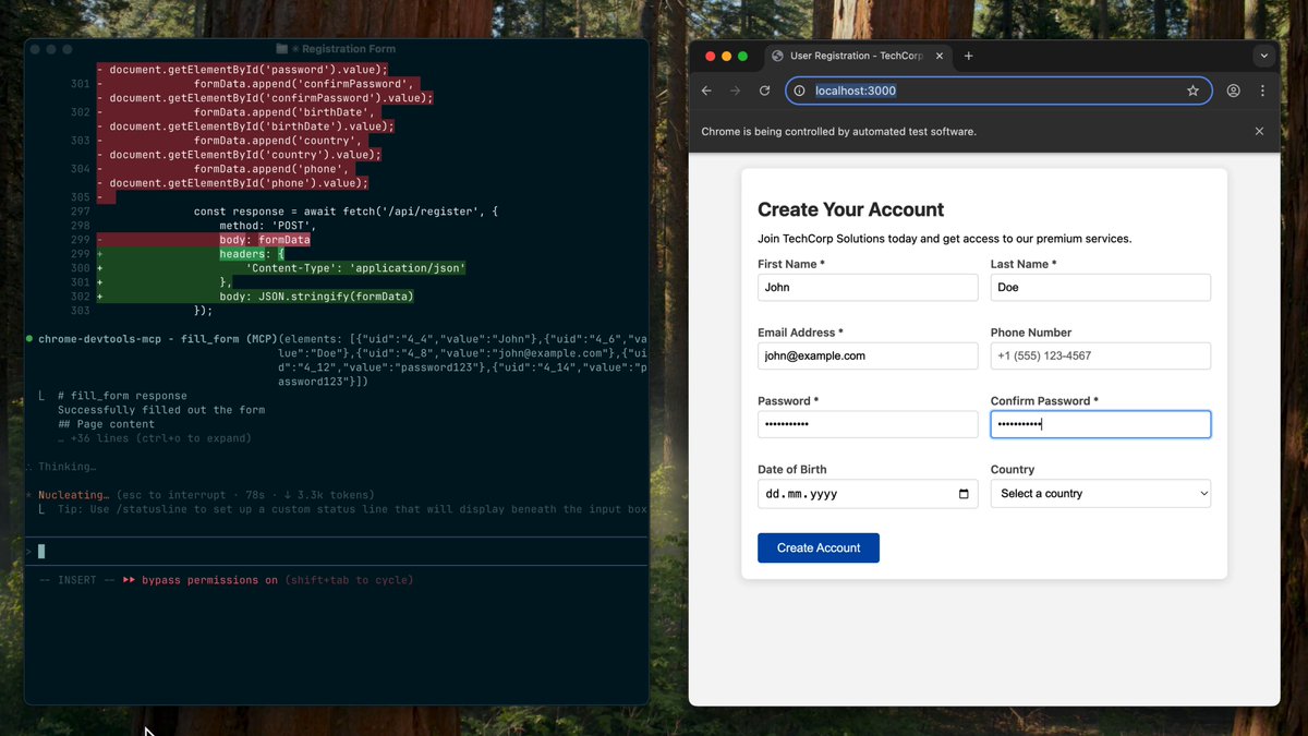 Don't let a broken form frustrate users 😠 Here's how to use Chrome DevTools MCP to let your coding agent solve the problem → ➡️Let it use your local dev server ✍️Auto test w/ dummy data 🖥️cRead the console output & network log to find the server error