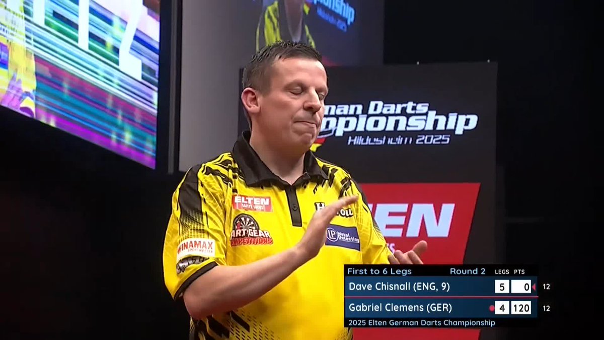 HUGE WIN FOR CHISNALL! ๐ Dave Chisnall fires in TEN 180s to defeat Gabriel Clemens 6-4 and move into the provisional qualification spots for the European Championship! Chizzy's nine-match losing run on the Euro Tour is OVER! ๐บ #ET14 | R2