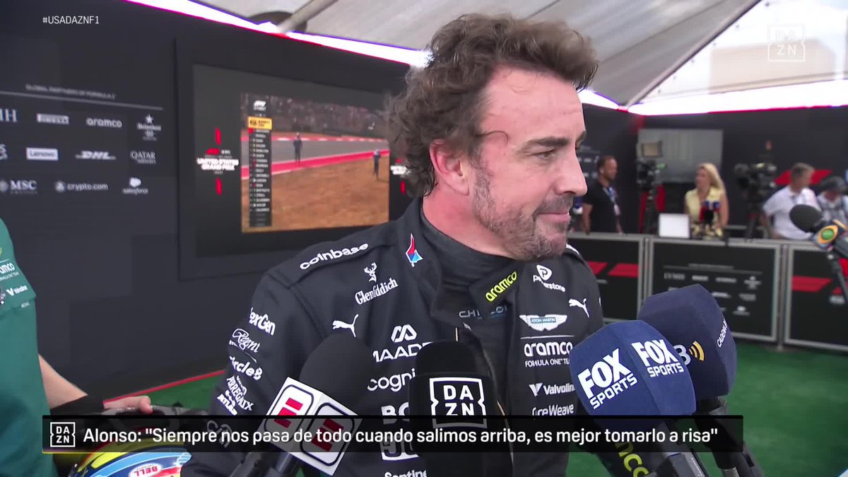 Fernando Alonso ironiza con su mala suerte "Siempre nos pasa todo cuando salimos 6º, cuando salimos el 15 o 16 y no tenemos nada que hacer, en la carrera no pasa nada. Ya me lo tomo a risa" #USADAZNF1 🇺🇸