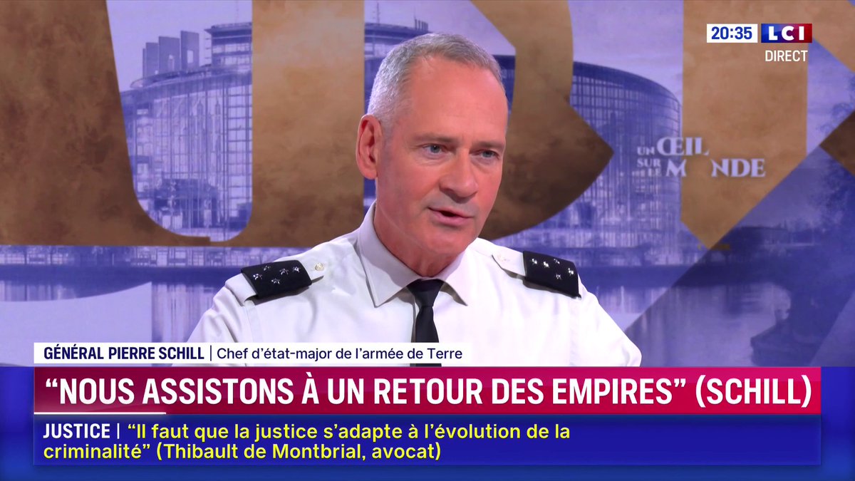 🗣️ "Les empires sont prêts à aller loin (...) Le monde qui vient est incertain, il est lourd de menaces." 🔴 Général Pierre Schill, chef d’état-major de l’armée de Terre, invité de ✦ Margot Haddad ✦