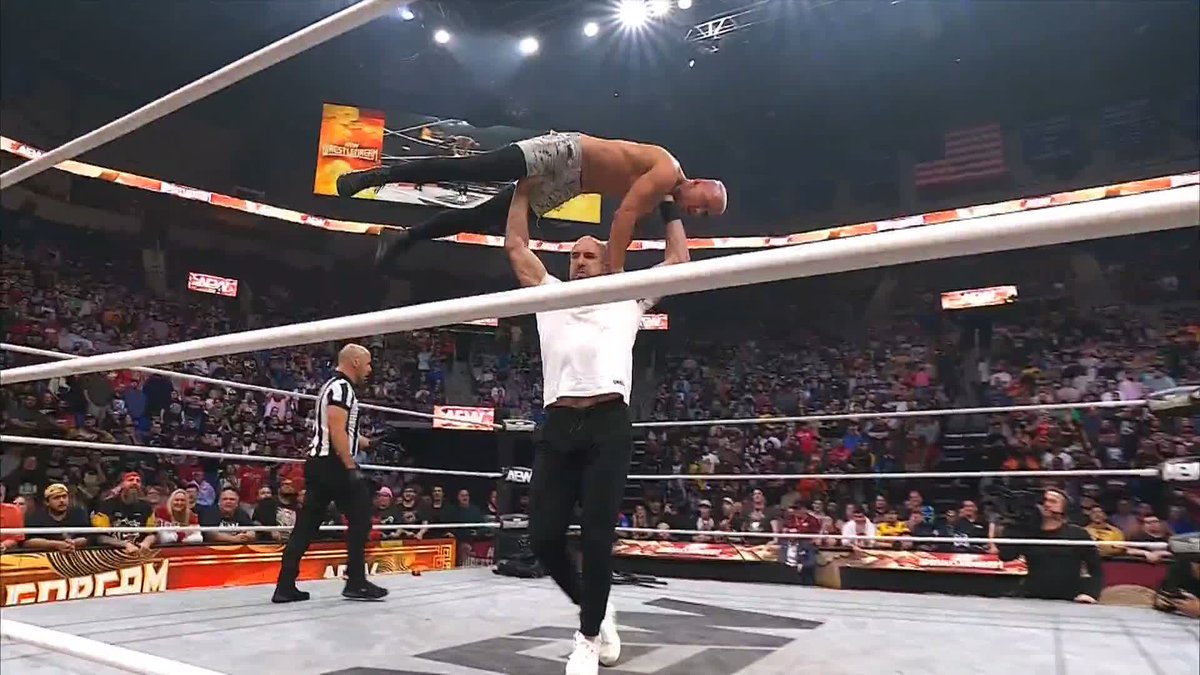 Darby Allin gets launched from the ring onto the announcers table. #AEWWrestleDream