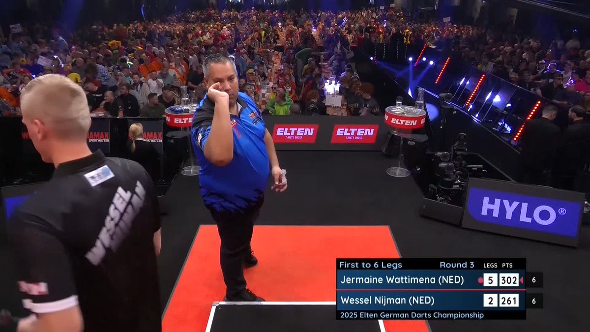 302 IN SIX DARTS! Jermaine Wattimena is on fire in Hildesheim, as the Dutchman pins THREE ton-plus checkouts and averages 111 on his way to a 6-2 victory against compatriot Wessel Nijman! 📺 #ET14 | R3