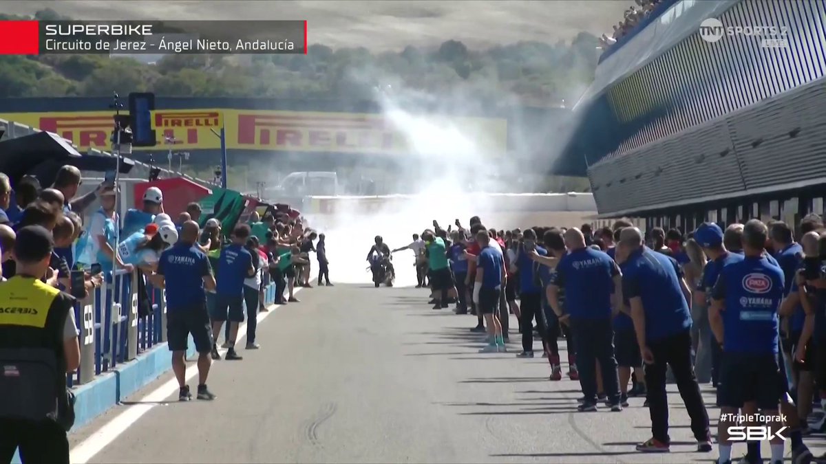 EVERYONE is here to congratulate Toprak Razgatlioglu, incredible scenes at Jerez 😱 #WorldSBK | #SpanishWorldSBK Live on TNT Sports and Discovery+