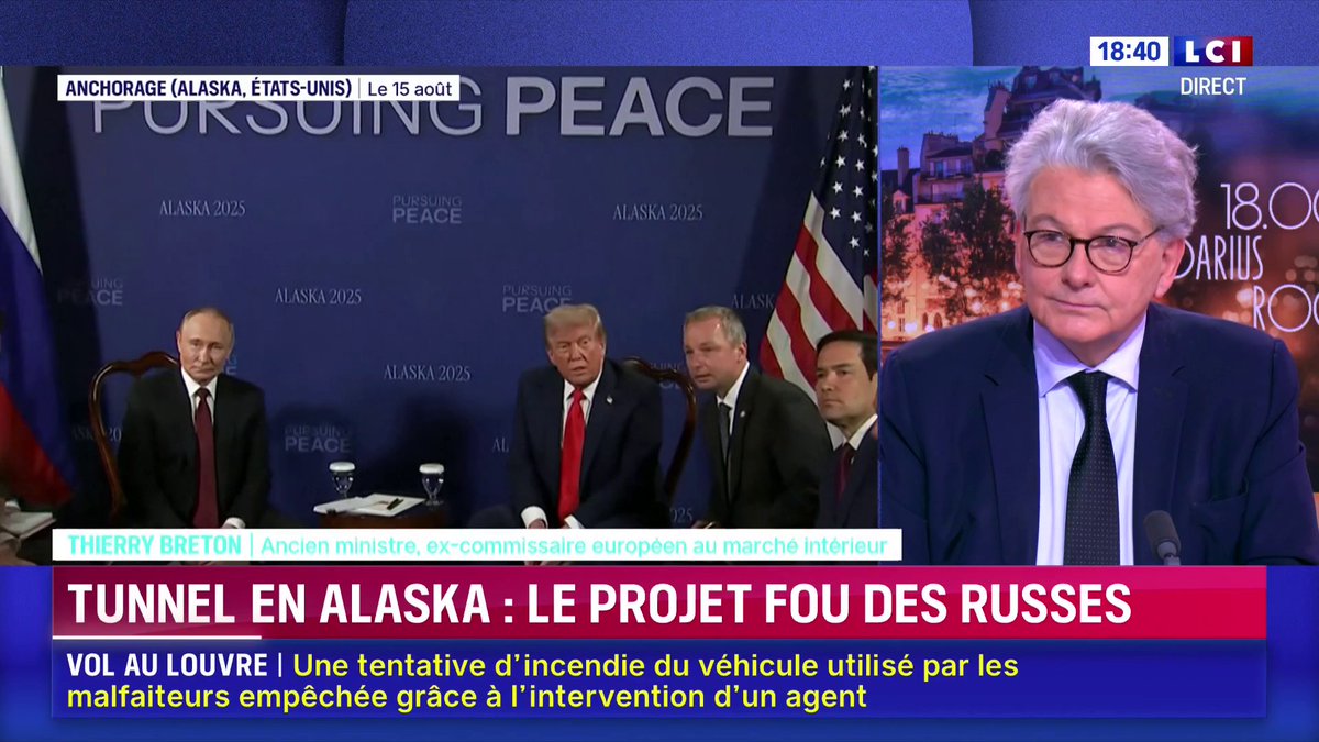🗣️ Tunnel en Alaska : "C'est un projet politique. Je prends mes risques en disant qu'il est un peu farfelu, mais il symbolise le rapprochement entre Donald Trump et Vladimir Poutine." 🔴 Thierry Breton (Thierry Breton), invité de Darius Rochebin