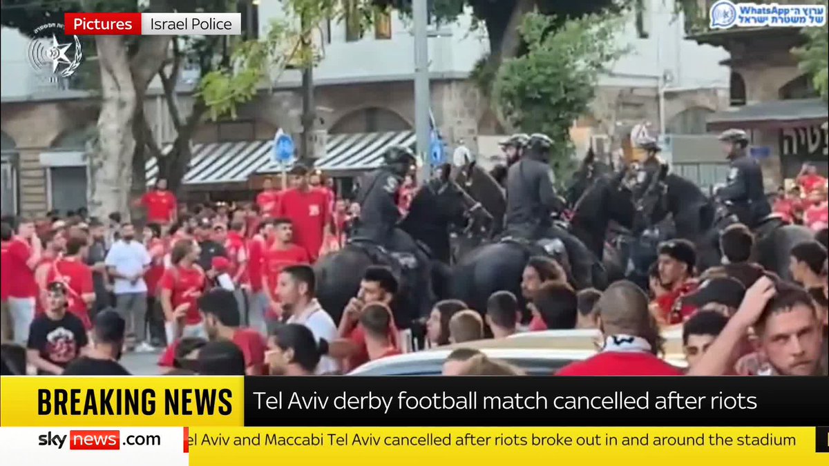 The Tel Aviv football derby between Hapoel and Maccabi has been cancelled after "violent riots" saw nine people arrested, Israeli police said. ๐บ Sky 501, Virgin 602, Freeview 233 and YouTube