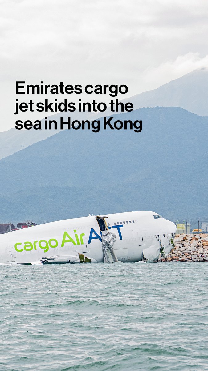 A cargo jet, operated for Emirates, skidded into the sea while landing at Hong Kong Airport, killing two people:
