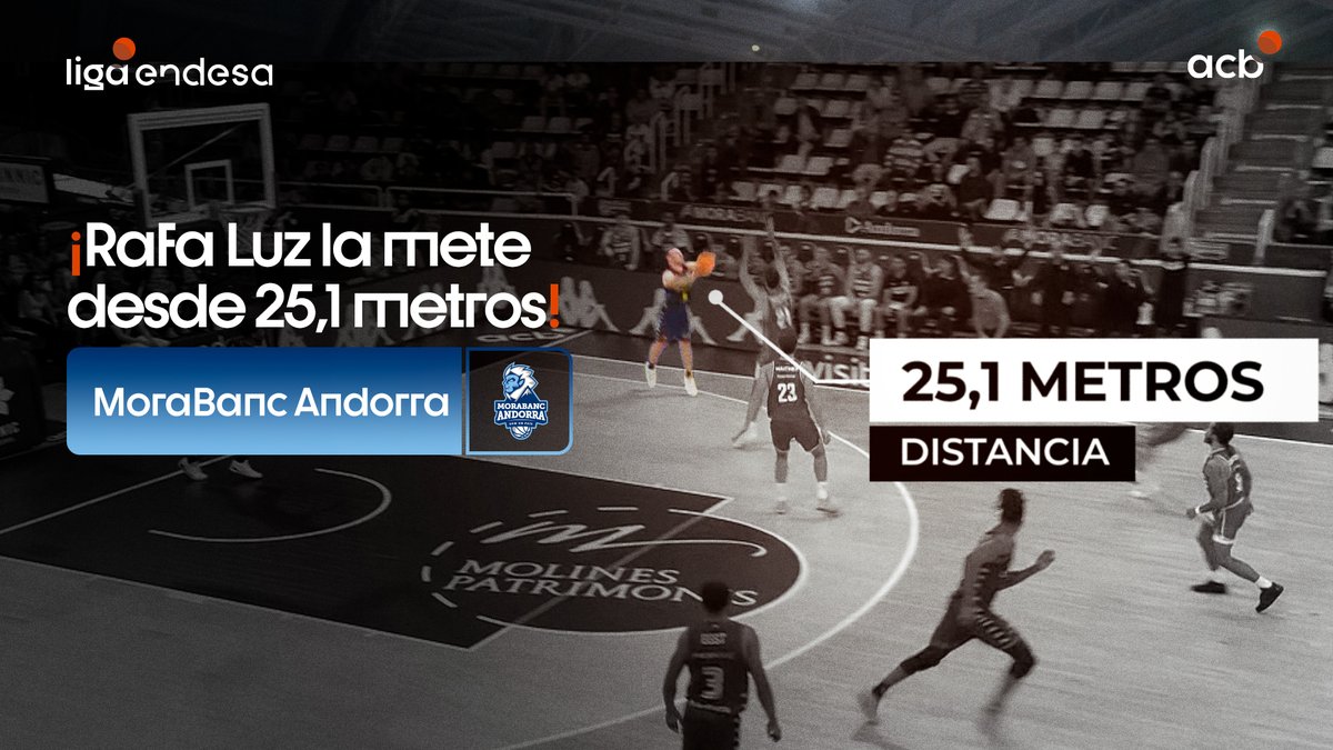 🤯 25,1 metros de distancia no son nada para Rafa Luz. Un tiro imposible y sobre la bocina que estuvo en el aire 2,28 segundos para forzar la primera prórroga. ¿Podemos decir que es 𝙇𝘼 𝘾𝘼𝙉𝘼𝙎𝙏𝘼 𝘿𝙀𝙇 𝘼𝙉̃𝙊? 👀 #LigaEndesa | MoraBanc Andorra