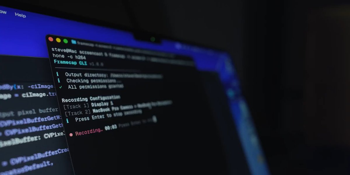 Introducing Framecap – A CLI-based screen recorder for macOS. → Native macOS app → Hide apps from being recorded → Window-only mode (w/ transparent bg!) → Record in ProRes or h264 → True multi-track recording