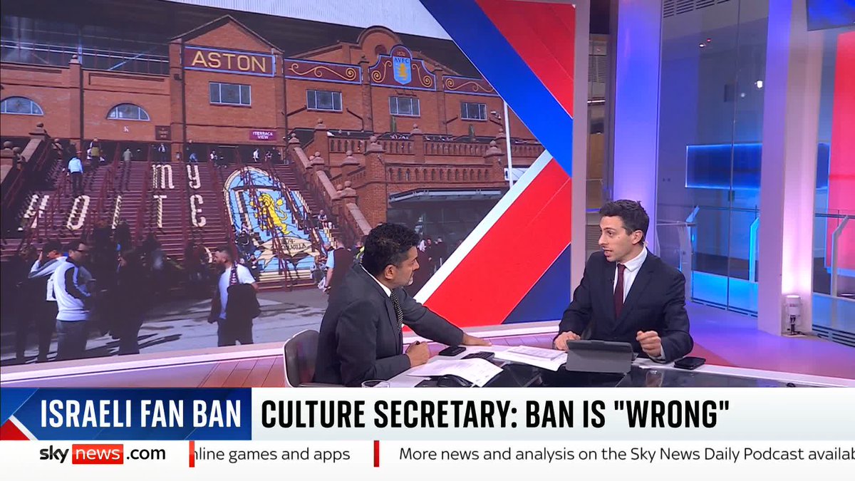Culture Secretary Lisa Nandy has said it is "wrong" to ban Maccabi Tel Aviv fans from attending their team's match against Aston Villa in Birmingham next month. Sky's Rob Harris reports ⬇️ Read more 🔗 📺 Sky 501, Virgin 602, Freeview 233 and YouTube