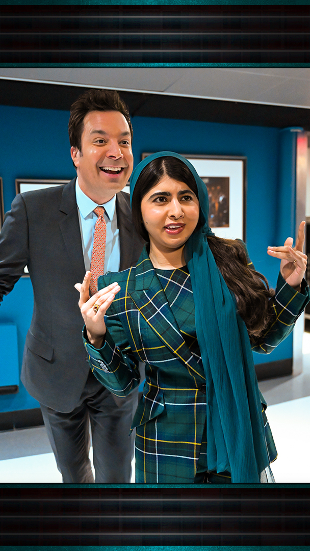 Jimmy Fallon and Malala Yousafzai doing the “What’s Up?” X “Beez in the Trap” viral mashup TikTok trend.