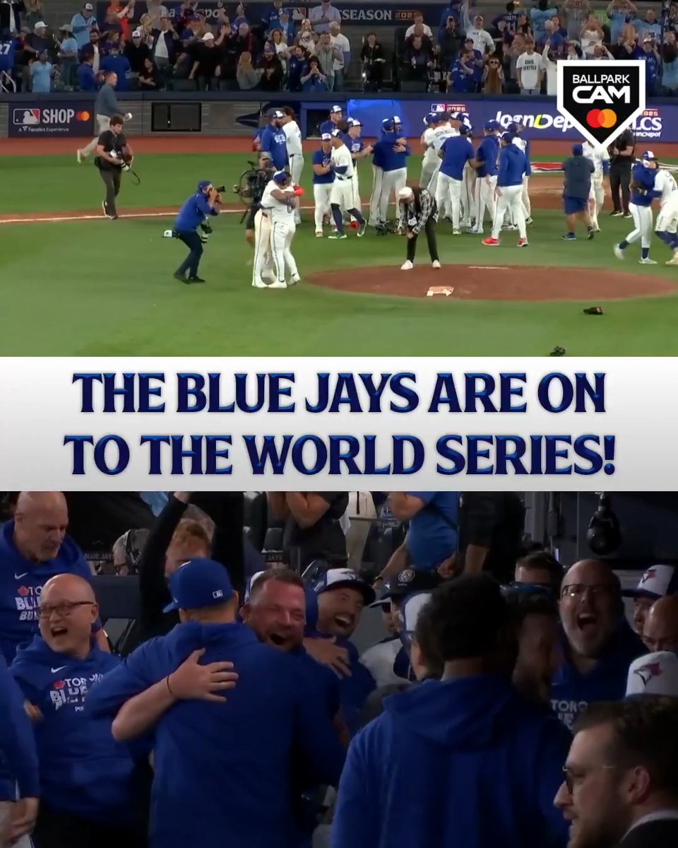 Hugs all around! The moment the Toronto Blue Jays punched their ticket to the World Series 🇨🇦 🎥 Mastercard #BallparkCam