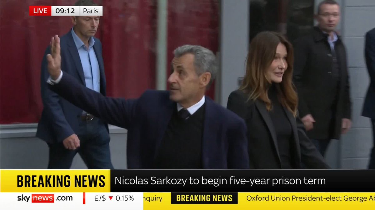 BREAKING: Former French President Nicolas Sarkozy walks to prison He was sentenced to five years after being found guilty of criminal conspiracy, but not guilty of receiving illegal campaign financing from the late Libyan dictator Muammar Gaddafi