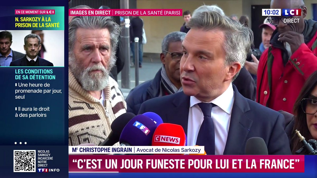 🔴 ⚡ Nicolas Sarkozy en prison : "La demande de mise en liberté a été déposée. (...) Rien ne justifie la première heure de détention. Il y est pour un minimum de trois semaines, ou un mois." Me Christophe Ingrain, son avocat s'exprime