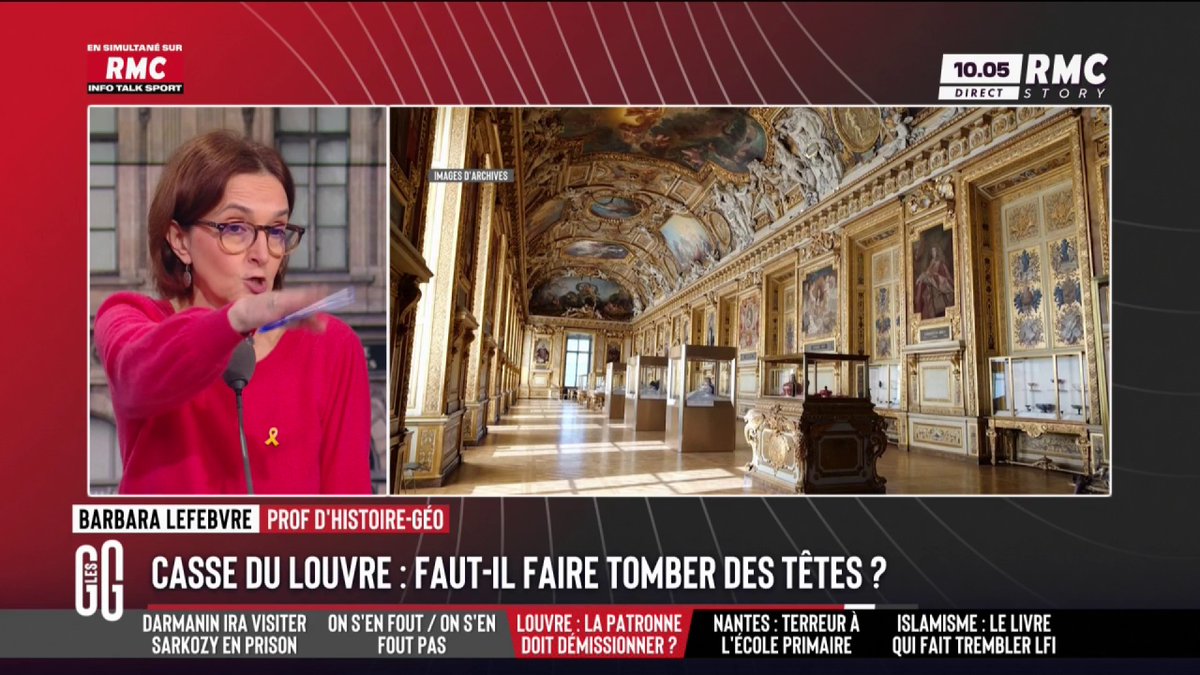 👑 Casse du Louvre : des têtes doivent-elles tomber ? 🗣️ Barbara Lefebvre : "Je crois que Madame Des Cars a dépensé 500.000 € pour refaire une salle de déjeuner. 500 000 balles ! C'est Nicolas qui paie. Tout le monde doit démissionner." #GGRMC