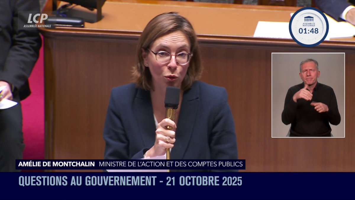 Retraites dans les comptes publics : "Sur 52 milliards de contribution de l'État pour payer les fonctionnaires, 11 milliards sont liés à des cotisations dites normales et 41 milliards liés à une cotisation d'équilibre", précise Amélie de Montchalin. #DirectAN #QAG