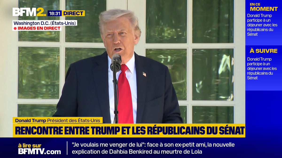 "Ils disent que tu es le 3e meilleur président. Et ils ont demandé : 'Qui sont les 2 premiers ? Washington et Lincoln'. Ça va être très difficile de [les] battre. Mais on va essayer, non? Ils n'ont pas éteint 8 guerres, et la neuvième arrive", déclare Donald Trump #BFM2