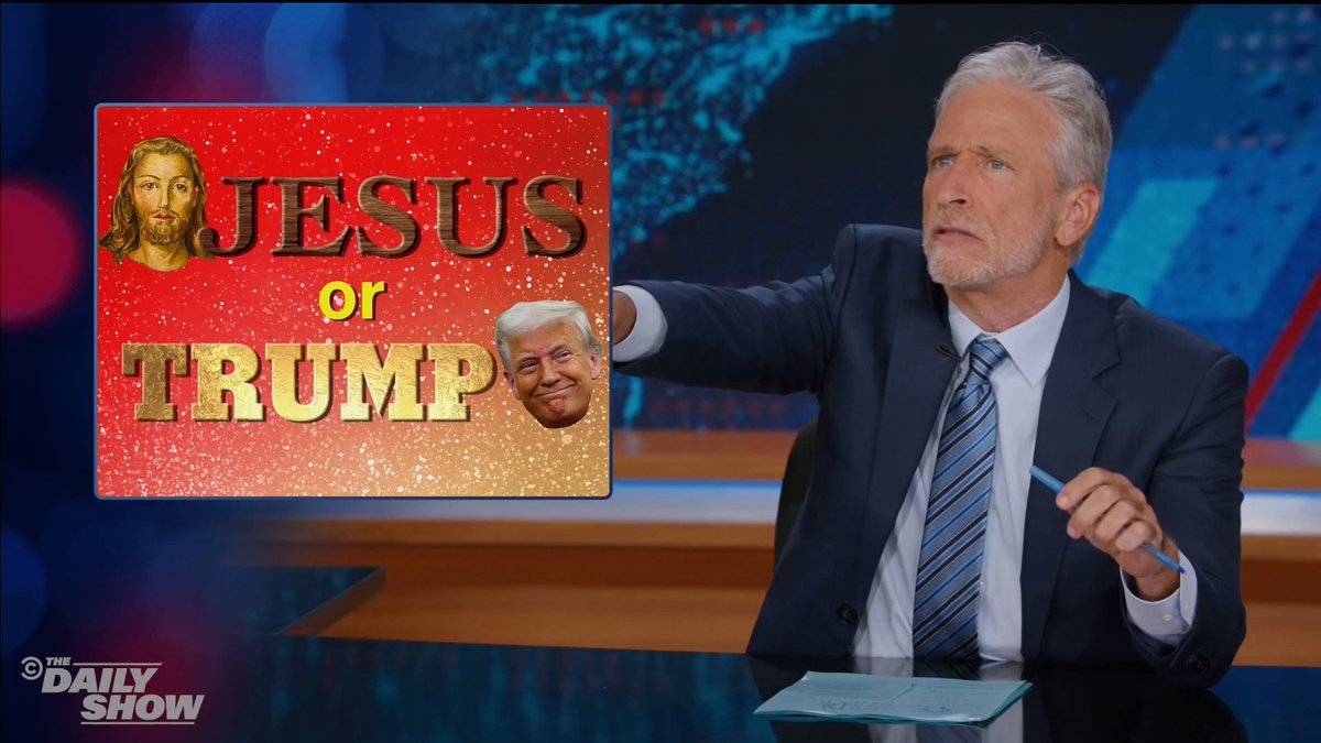 .Jon Stewart debuts the hottest new game on basic cable: Jesus or Trump?