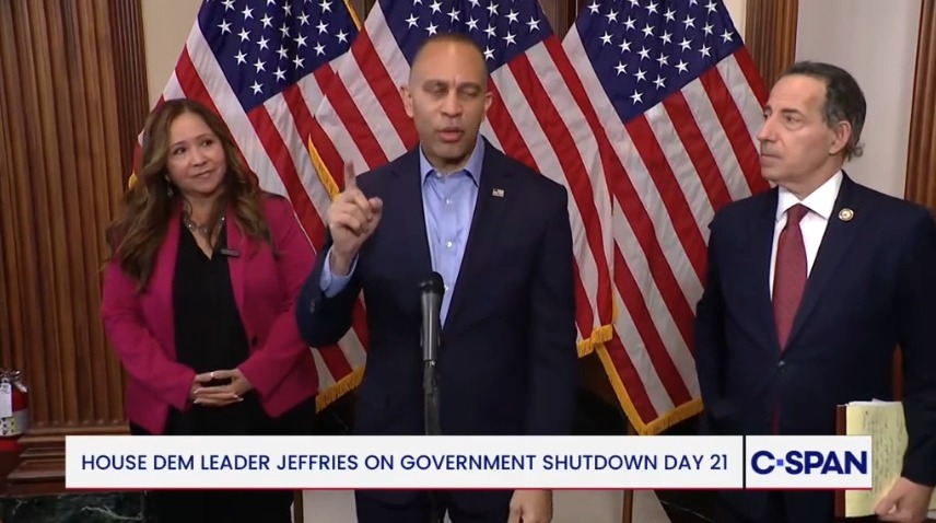 Leader Jeffries: This is day 21 of the Trump/Republican shutdown. House Republicans remain on vacation. Trump continues to engage in unreasonable, un-American, and unpresidential behavior. And Senate Republicans still don't have a clue how to address the health care crisis they've created.