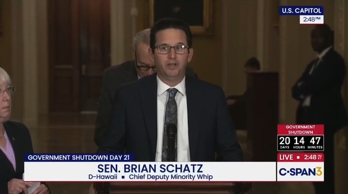 Sen. Schatz: This is not about money. There is enough money to bail out Argentina with $20 billion. There is enough money to purchase a brand new aircraft for $173 million for the Homeland Security Secretary. There is enough money to renovate the White House ballroom. But there's not enough money for you