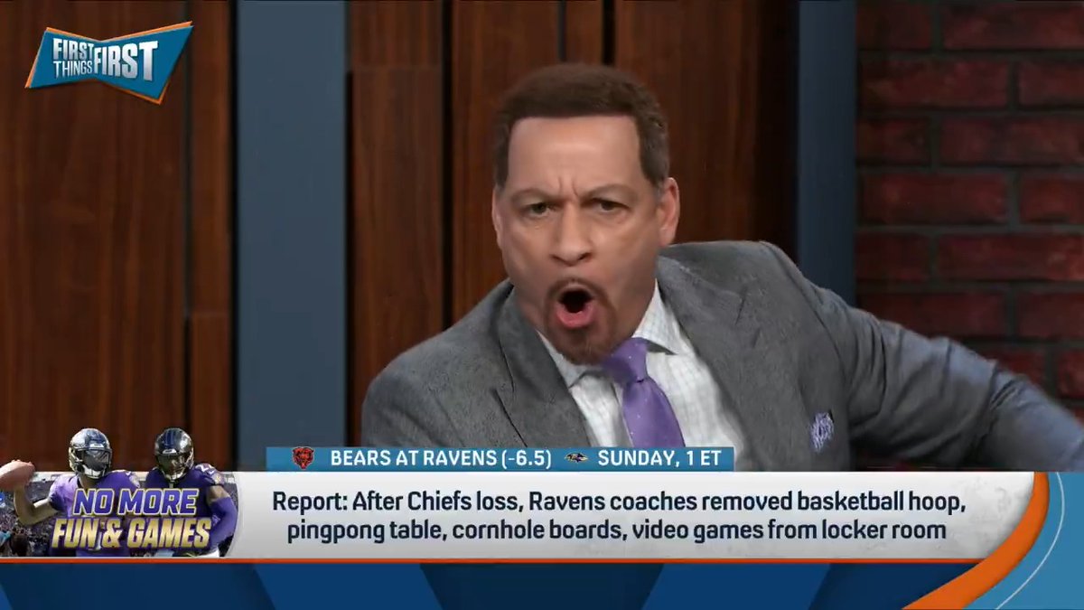 Report: After Chiefs loss, Ravens coaches removed basketball hoop, pingpong table, corn hole boards, games from locker room. Chris Broussard reacts: “What a sign. What. A. Sign. What a sign! The Ravens and I are on the same page! We are in lock step! Hear a brother out!” 🤣🤣