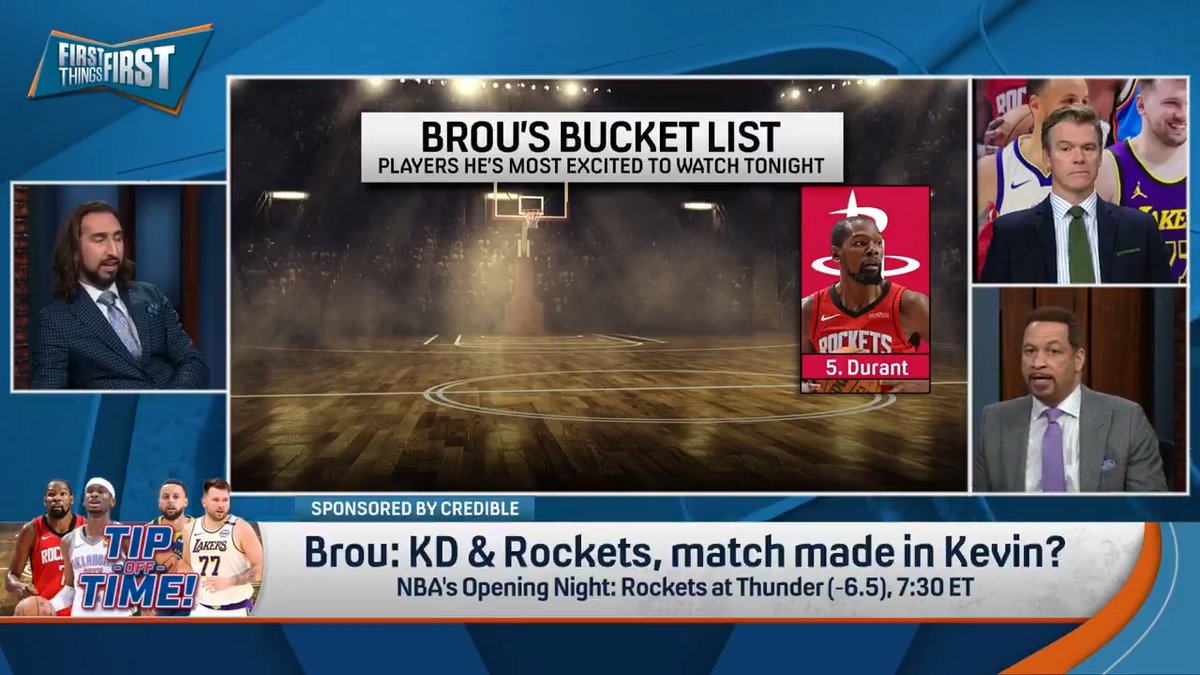 With the NBA Season tipping off tonight, Chris Broussard broke down the five players he’s MOST excited to watch in Brou’s Bucket List: 1. ??? 2. Amen Thompson 3. ??? 4. ??? 5. Kevin Durant
