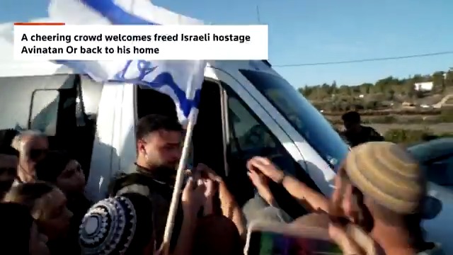 After two years of Hamas captivity in Gaza, freed Israeli hostage Avinatan Or returns to his home in the Jewish settlement of Shilo, in the Israeli-occupied West Bank, welcomed by cheering crowds waving Israeli flags