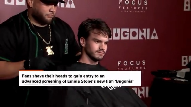 Focus Features put on a special screening of Emma Stone's new film 'Bugonia' with one provision: only bald people could watch it. And if you were not bald, then you had to shave your head
