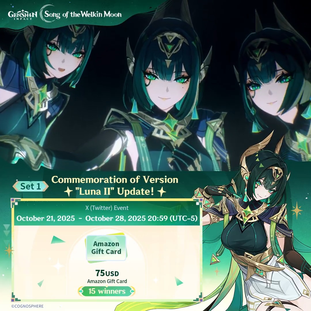 ✨Set 1✨ Commemoration of Version "Luna II" Update 🎁Participate in the event for a chance to win a $75 Amazon gift card. How to Participate: ① Follow Genshin Impact ② Repost this post You can instantly check the event results: #GenshinImpact