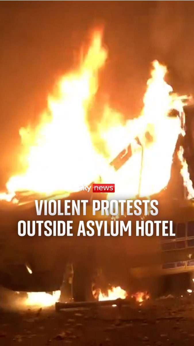 An Irish Garda van was set alight outside a hotel housing asylum seekers in Dublin, as demonstrations descended into violence. Sky's Stephen Murphy reports