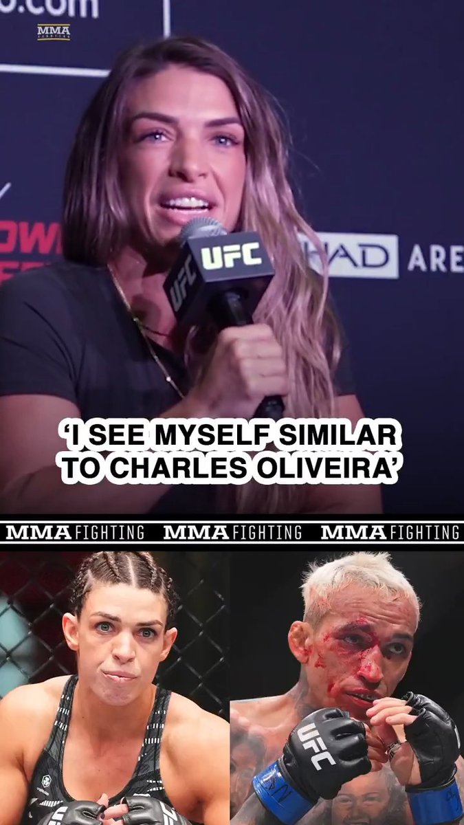Mackenzie Dern says she sees herself similar to Charles Oliveira ahead of her title fight at #UFC321: "Everyone saw he had so much potential, and he's been up and down, and he's been at it for a while. … But when he's champion, they have a lot of light in him."